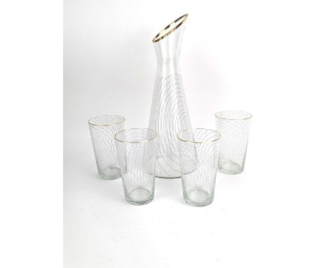 A 1960's Chance glass carafe and set of four glasses, with swirl decoration and gilt rimsLocation:If there is no condition re