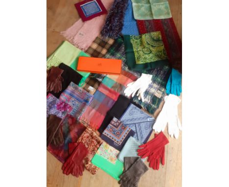 A collection of vintage scarves and gloves to include 2 Liberty silk scarves, a Scotch House pure new wool scarf, a Scottish 