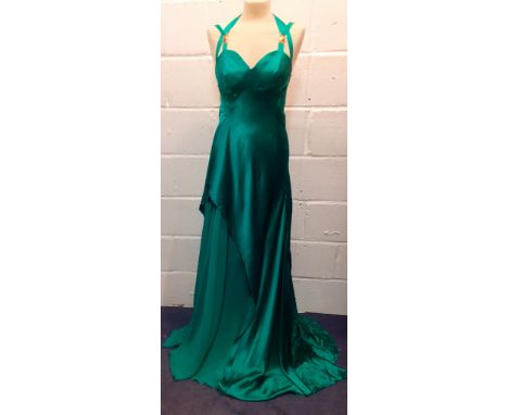 Versace- A 'Versace Collection' green silk 'Abito Donna Tessuto' evening gown with gold tone detail to the shoulder straps an