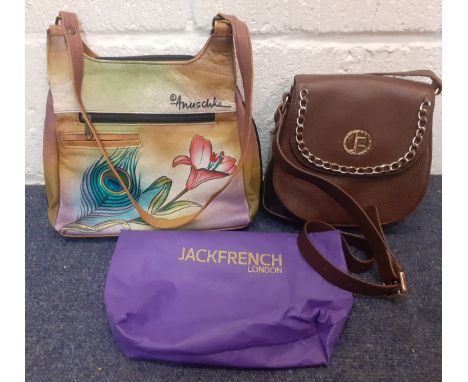 Two ladies shoulder bags comprising a brown leather Jack French of London saddlebag shaped shoulder bag with gold tone hardwa