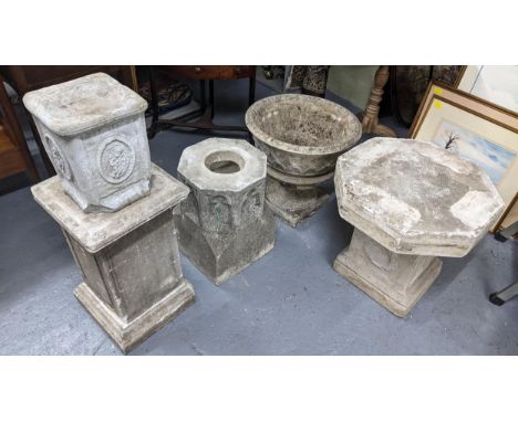 A selection of garden stoneware ornaments to include a planter and various pedestalsLocation:If there is no condition report 