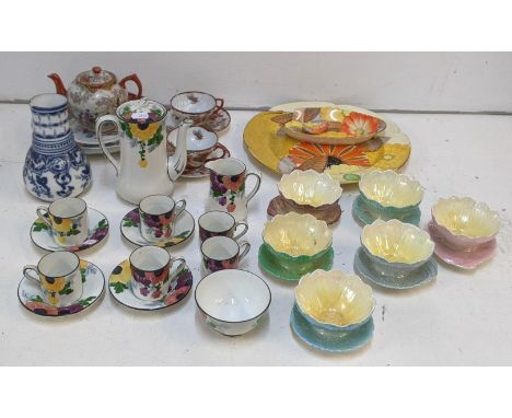 Oriental and Art Deco mixed tableware to include a part coffee set decorated with yellow, pink and purple flowers, an Orienta