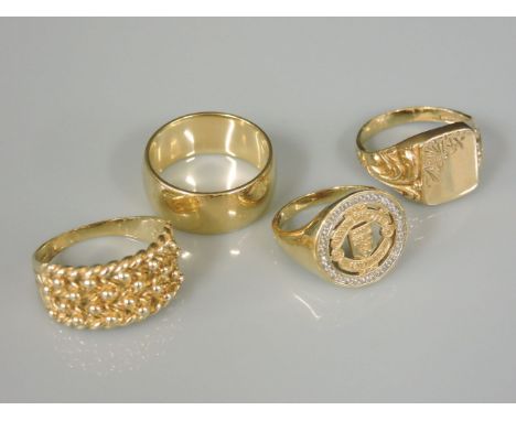 A 9ct gold wedding ring, a 9ct gold Manchester United ring with a diamond set bezel, a 9ct gold signet ring, and a 9ct gold f