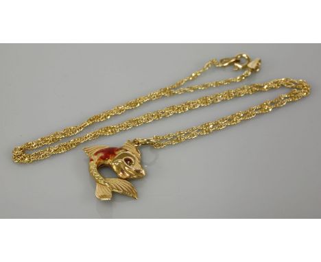 An enamel gold fish pendant, suspended on a twisted Singapore chain marked 750