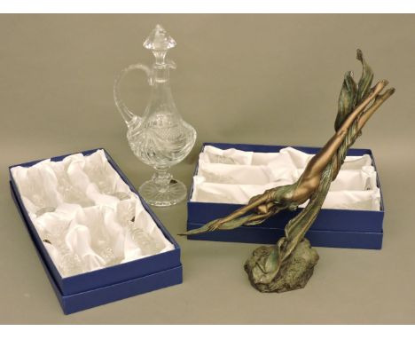 Three boxes of Continental crystal glassware, including a carafe, a modern sculpture titled 'Mia - Sprite of Water', and a si
