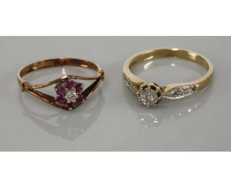 A 9ct gold single stone illusion set diamond ring, with diamond set shoulders, and a 9ct gold diamond and ruby cluster ring w