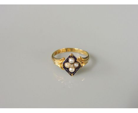 An 18ct gold split pearl diamond and enamel lozenge shaped cluster ring