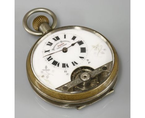 A base metal open faced pocket watch, with visible escapement dial signed 'Hebdomas Patent, 8 Days, Swiss Made'