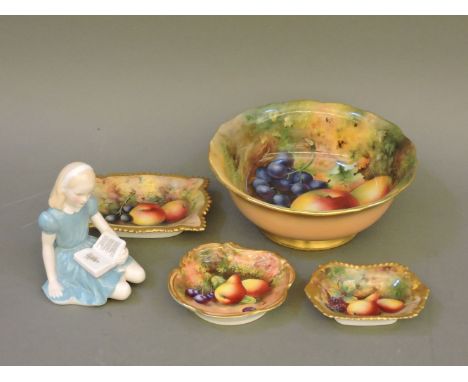 A Royal Worcester fruit bowl, decorated by H Ayrton, with apples and grapes, cracked, and three other dishes by Townsend and 