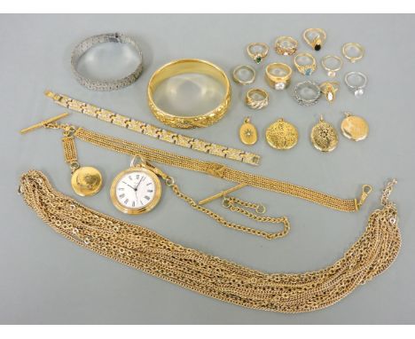 Four rolled gold or gilt metal lockets, a rolled gold bangle, a silver bracelet, an Edwardian rolled gold Albert chain and lo