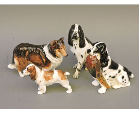 Three Royal Doulton dogs, two spaniels, Lassie dog, poodle, and a Spode spaniel