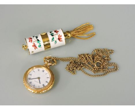 A ladies gold plated Verity pendant watch, of telescopic form with enamel decoration and chain tassle, together with a ladies