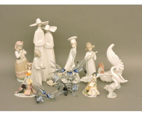 Nine Lladro figures, including a hen, two Mdina glass figures, and two ceramic figures of young ladies