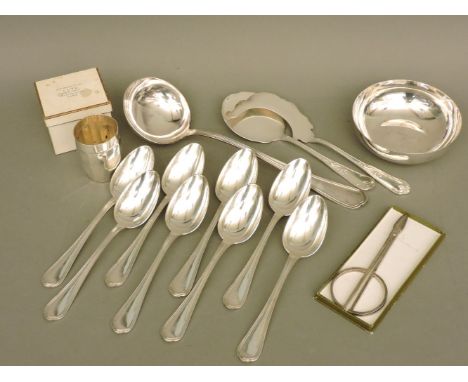 Eight Christofle French silver trefid handle table spoons, stamped to bowl, circa 1944-1962, a Christofle French silver plate