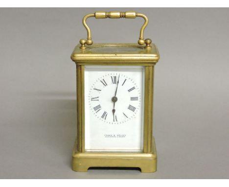 A French brass carriage clock, the white enamel dial inscribed 'Cooke and Kelvey, Calcutta and Paris', non striking, 15cm to 