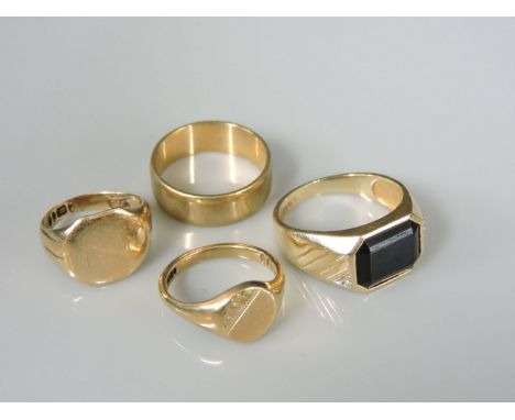 A gentleman's gold signet ring, with an onyx tablet marked 10kt with diamond set shoulders, a 9ct gold wedding ring, and two 