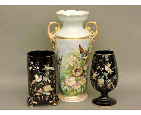 A large Victorian two handled vase, hand painted with a naturalistic scene and gilt highlights, 46cm high, a ceramic vase wit