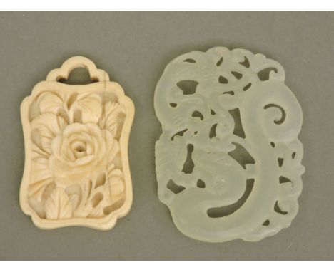 A Chinese jade pendant, and a 19th century ivory pendant