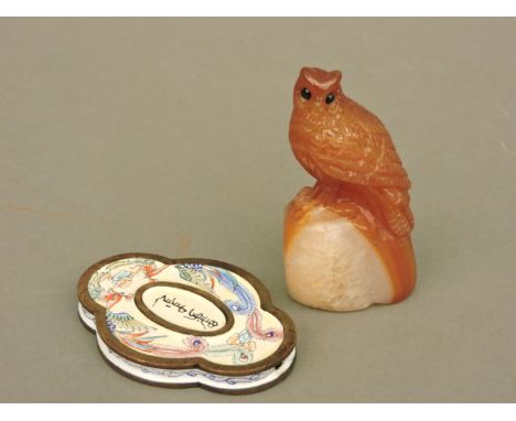 A Chinese enamel pendant, and an agate carving of an owl, 8cm high