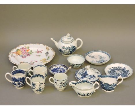 A collection of Worcester, Caughley and Liverpool wares, teapot and cover, cracked, teacups, sauce boats, strainer dish, all 