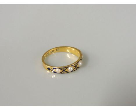 An 18ct gold split pearl and enamel band ring, Birmingham 1864