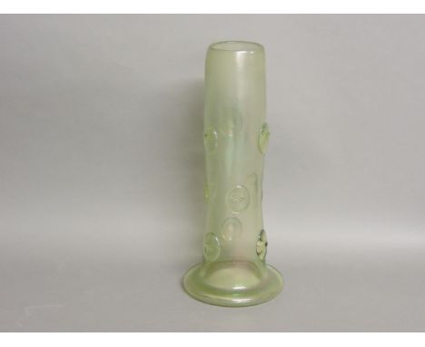 An Art Nouveau glass vase, attributed to Kralik, light green iridescent on a fine craquelure ground and applied prunts, 33.5c