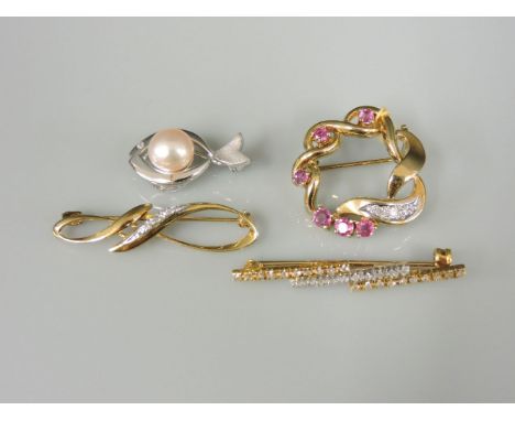 An 18ct yellow and white gold diamond set bar brooch, a 9ct gold ruby and diamond circle brooch, a 9ct gold diamond set brooc