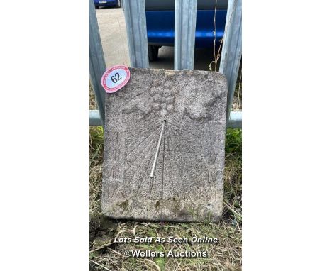 *RECONSTITUTED STONE WALL MOUNTED ROMAN NUMERAL SUNDIAL, 50CM (H) X 40CM (W) X 5CM (D) / COLLECTION LOCATION: ALBOURNE (BN6),