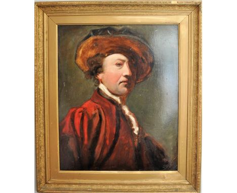 In the style of Old Master School of Painting Oil portrait of a gentleman  wearing a red tunic, unfinished 55 x 45 cms