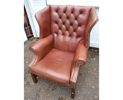 Vintage Leather Wing Back Armchair with Button Back