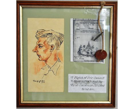 Sketch of Eric Clement Tidmas in 1943 and the first Christmas card sent to his son plus dog tags framed and glazed 