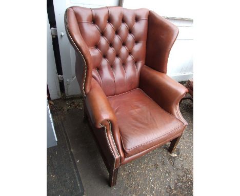 Vintage Leather Wing Back Armchair with Button Back