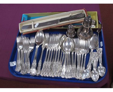 Viners and Roberts &amp; Belk Kings Pattern Plated Cutlery, together with meat knife and fork, boxed bread knife, plated suga