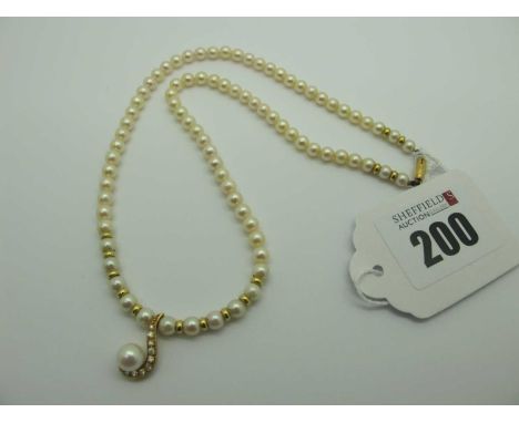 A Modern Single Strand Pearl Bead Necklace, suspending single pearl pendant, of abstract design, with diamond set highlights,