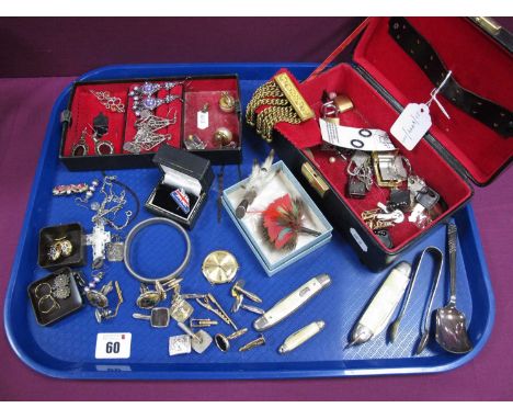 Assorted Costume Jewellery, cufflinks including Royal Crown Derby (damaged), folding pocket knives, Wedgwood green and white 