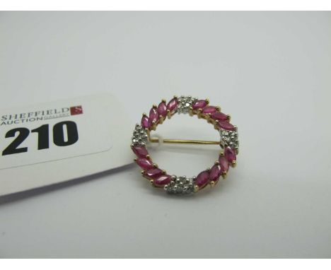 A Modern Ruby and Diamond Set Circlet Brooch, marquise and illusion set, stamped "9k" (2.8grams). [2025295]