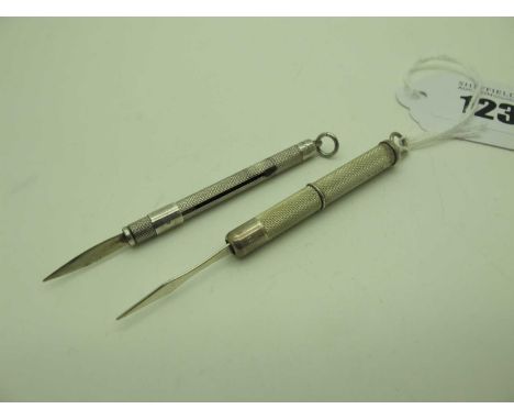 A Hallmarked Silver Telescopic Tooth Pick, with engine turned decoration, initialled 'JFP'; together with a sliding tooth pic