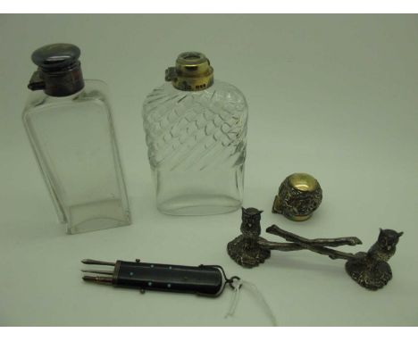 A Hallmarked Silver Gilt Topped Glass Hip Flask, (lacking base cup / hinged lid detached); together with a hallmarked silver 