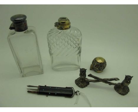 A Hallmarked Silver Gilt Topped Glass Hip Flask, (lacking base cup / hinged lid detached); together with a hallmarked silver 