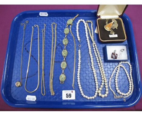 A Single Strand Graduated Pearl Bead Necklace, (string detached) to marcasite style clasp, stamped "Sterling", two similar im