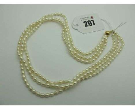 A Modern Three Row Fresh Water Pearl Bead Necklace, of uniform design, to plain ball clasp stamped "585". [2010259]