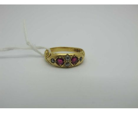 A Chester Hallmarked 18ct Gold Victorian Style Dress Ring, alternate inset highlights, between ornate shoulders (finger size 