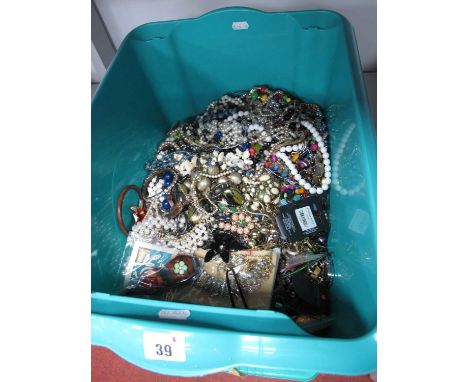 Assorted Costume Jewellery, including retro enamel panel bracelet, chains, brooches, bead necklaces, etc :- One Box [253739]