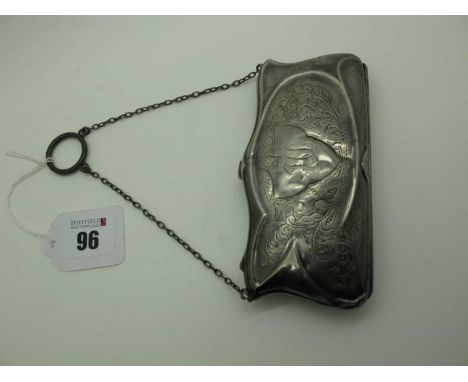 A Hallmarked Silver Purse, of shaped design with engraved decoration and initialled (dents), on chain suspension with finger 