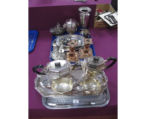 Plated Ware, including Art Deco style four piece tea set, engine turned tray, cruet stand, pair of dwarf candlesticks, hallma