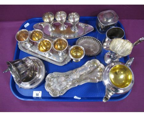 Georgian and Later Plated Ware, including caddy, assorted egg cups, candle snuffers on stand, jug, cup, etc :- One Tray