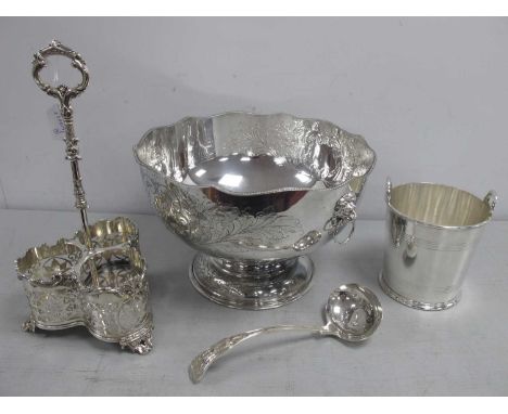 A Large Silver Plated on Copper Punch Bowl, hand chased foliate scroll decoration with twin lion mask and ring handles, 37cm 