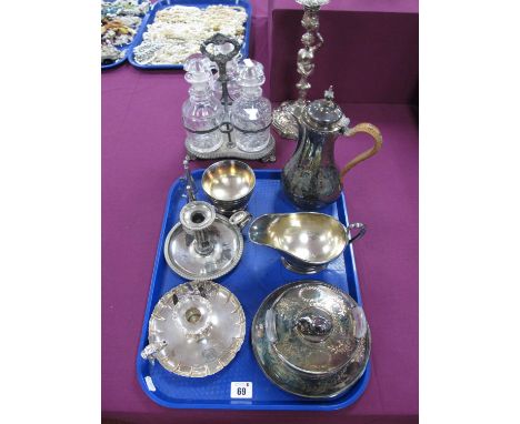 Plated on Copper Chambersticks, (Matthew Boulton double sun marks); sauce boat, caryatid form candlestick, plated mountd glas