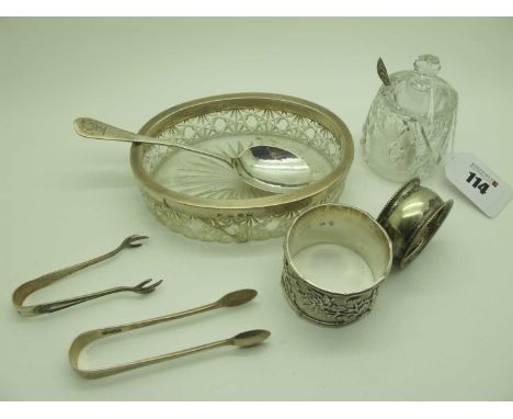 A Hallmarked Silver Mounted Dish, (glass damaged); a hallmarked silver spoon, crested; a Chinese napkin ring, allover detaile