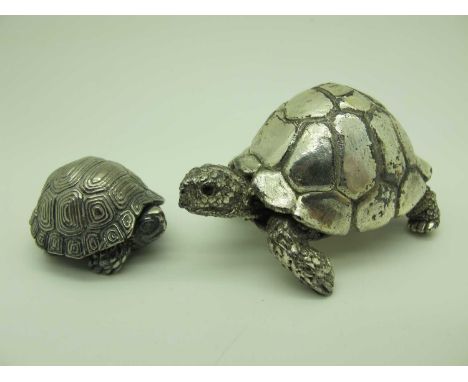 A Miniture Novelty Hallmarked silver filled, model of a tortoise, another smaller, with hinged shell.